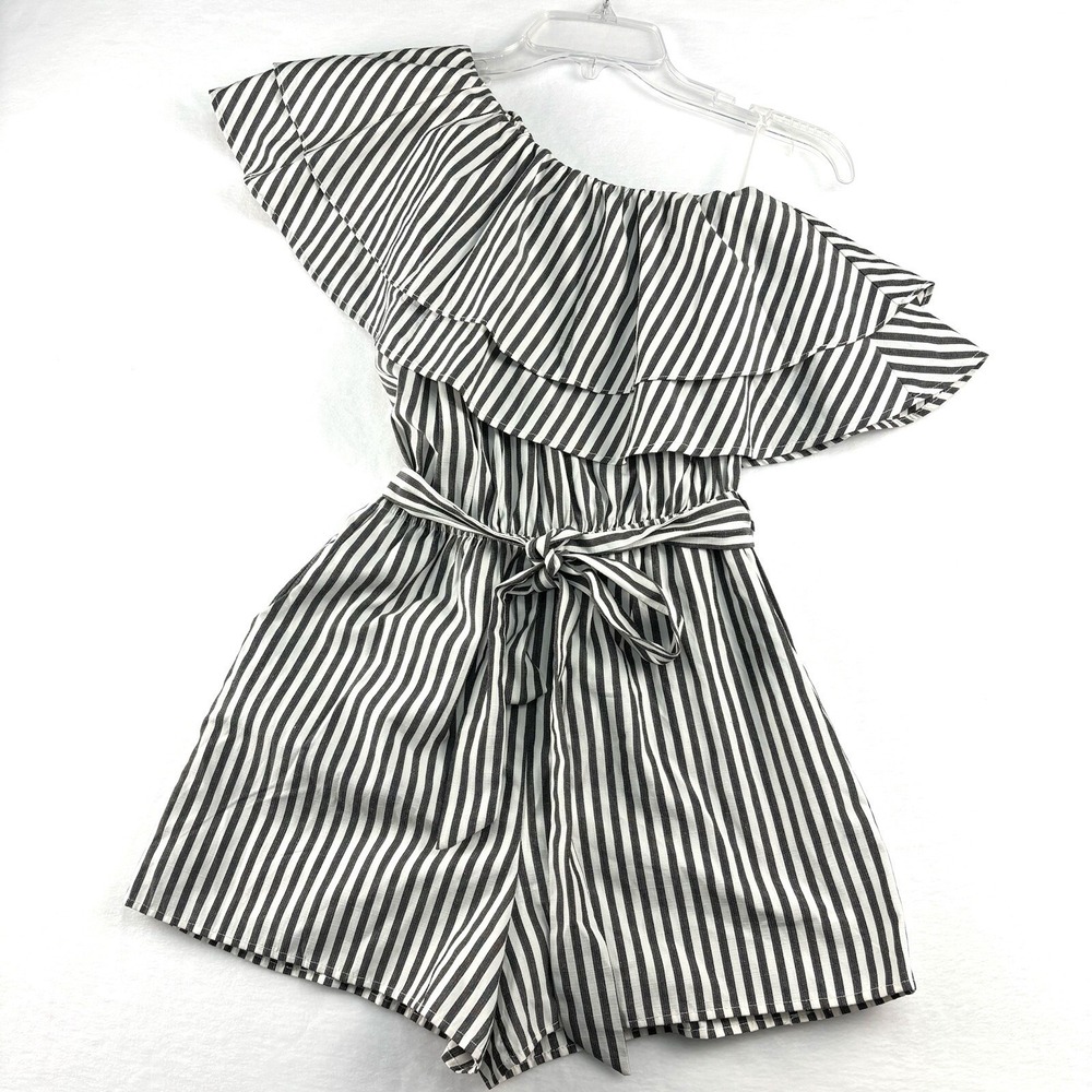Black White Striped Shorts Romper One Shoulder Ruffle Kinnucan's Women's Medium